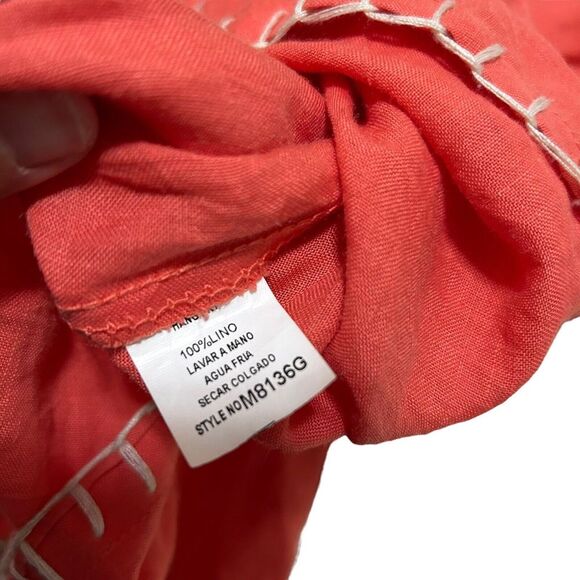 Monoreno Embroidered  100 % Linen Peasant Blouse Long Sleeve Salmon Red Small - Picture 14 of 15